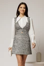 Sarafan DY Fashion din tweed alb negru cu detaliu auriu in talie, 1, dyfashion.ro