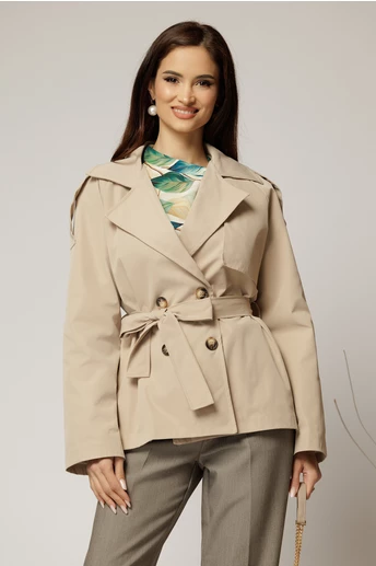 Trench scurt bej cu rever si cordon in talie