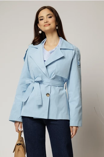 Trench scurt bleu cu rever si cordon in talie