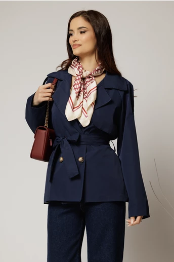 Trench scurt bleumarin cu rever si cordon in talie