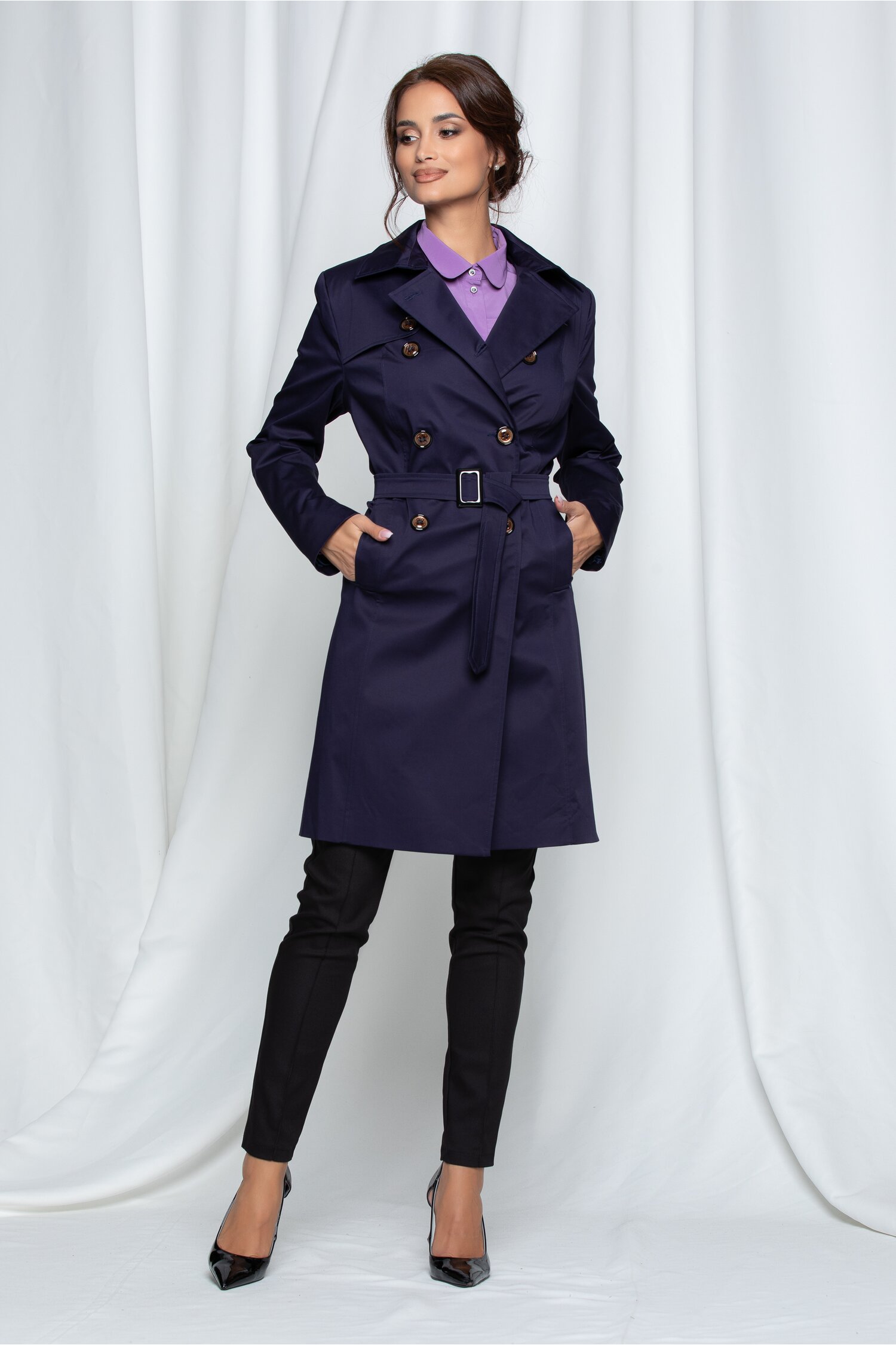 Trench Vera bleumarin cu cordon in talie