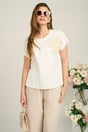 Tricou casual alb din bumbac cu floare brodata bej