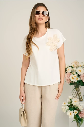 Tricou casual alb din bumbac cu floare brodata bej