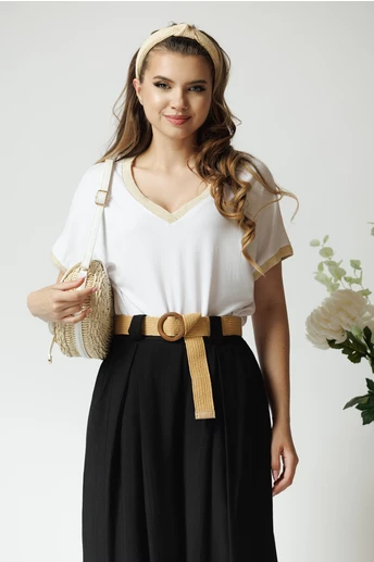 Tricou casual din viscoza alb cu fir lurex la decolteu si maneci