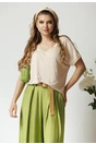 Tricou casual din viscoza bej cu fir lurex la decolteu si maneci