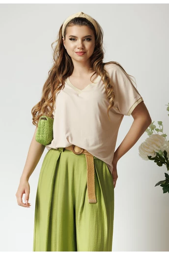 Tricou casual din viscoza bej cu fir lurex la decolteu si maneci