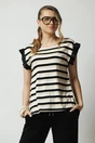 Tricou casual din viscoza negru cu dungi bej si volanase la maneci