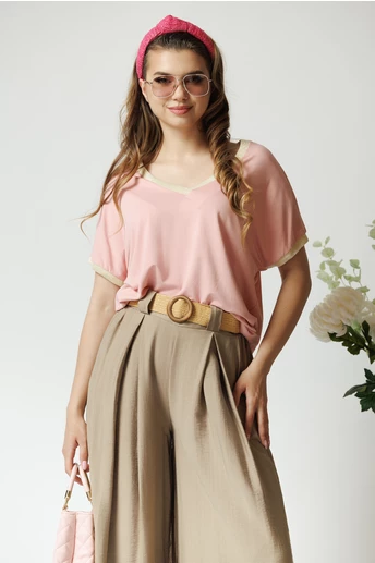 Tricou casual din viscoza roz cu fir lurex la decolteu si maneci