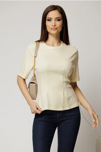 Tricou casual galben pal din bumbac cu maneci scurte si pense de cambraj