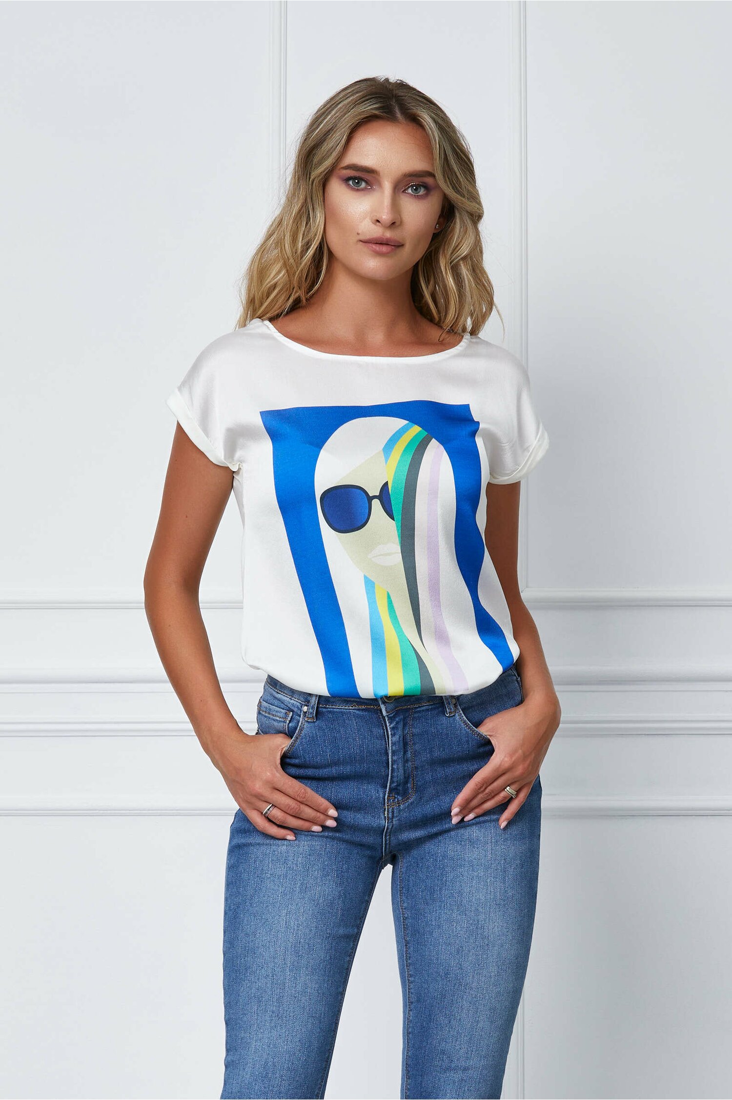 Tricou Lady alb cu imprimeu albastru dyfashion.ro