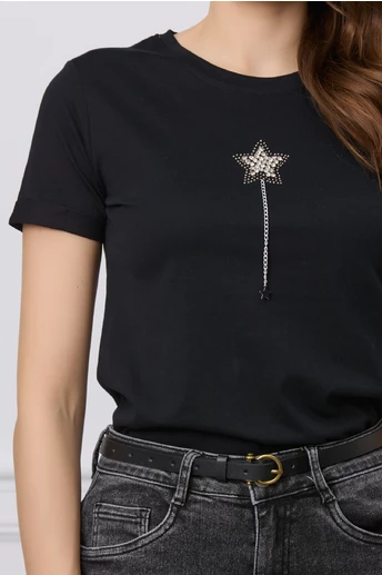 Tricou negru cu steluta din strasuri si lant