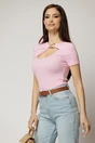Tricou roz cu adaos din bumbac cu decupaj la bust si accesoriu, 1, dyfashion.ro