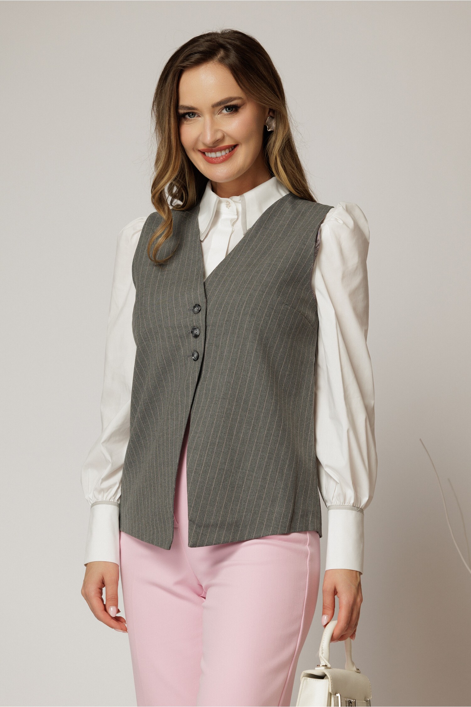 Vesta casual gri cu dungi cu adaos de viscoza