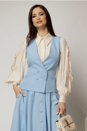 Vesta DY Fashion bleu cambrata cu decolteu si inchidere la doi nasturi
