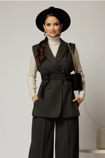 Vesta gri casual office cu croi cambrat si cordon in talie