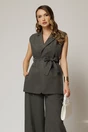 Vesta gri deschis casual office cu croi cambrat si cordon in talie, 1, dyfashion.ro