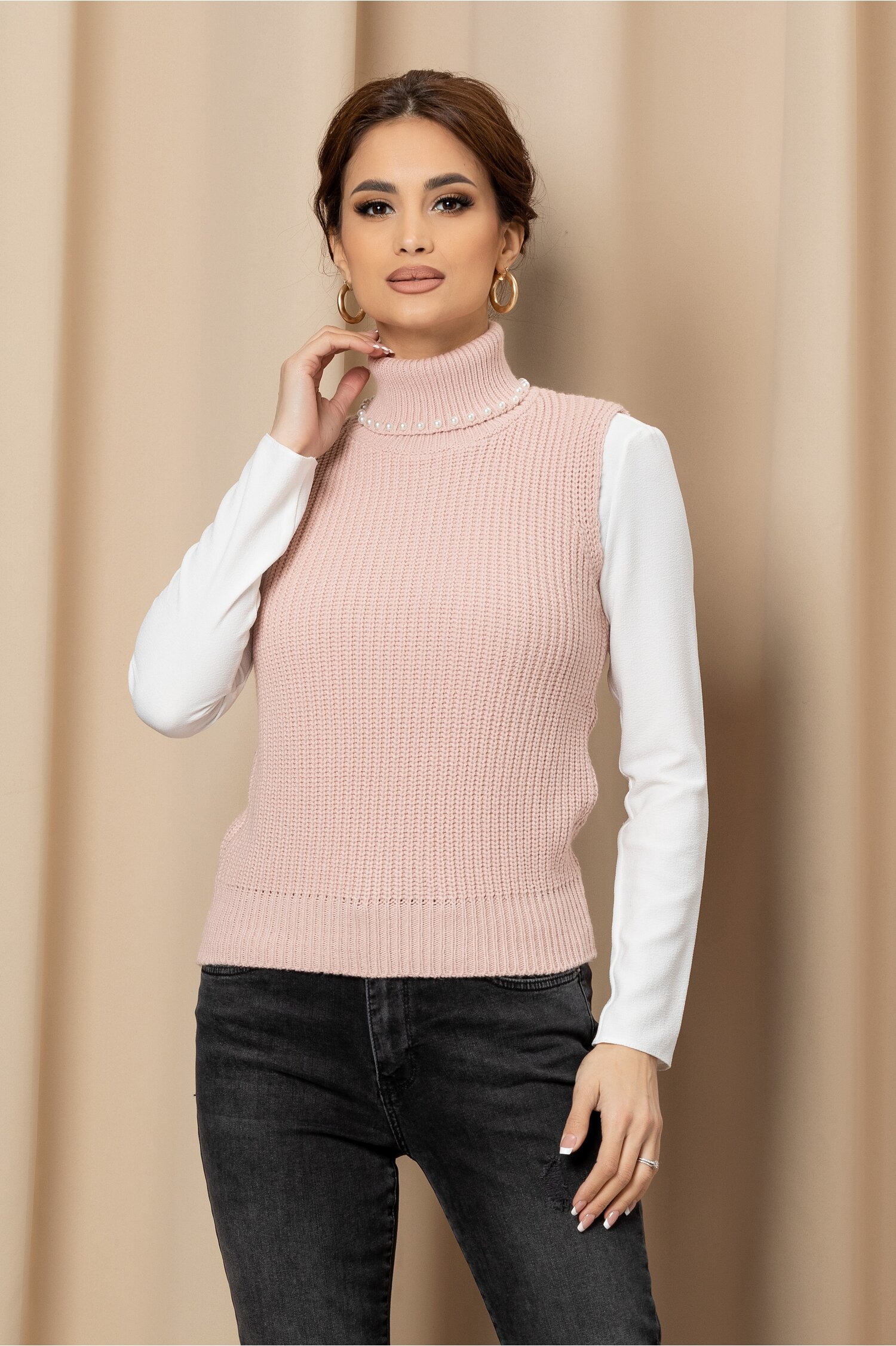 Vesta Mira roz din tricot cu perlute la guler 2022 ❤️ Pret Super dyfashion imagine noua 2022