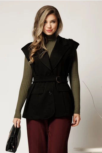 Vesta neagra din viscoza cu croi cambrat si cordon in talie