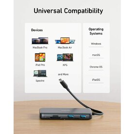Media Hub Anker 555 PowerExpand, 100W Power Delivery, 4K 60 Hz HDMI, 10 Gbps USB-C, USB-A, Ethernet, microSD, SD Card Reader