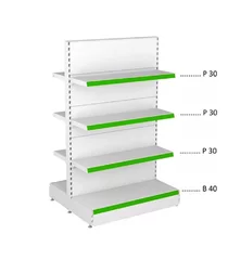 Raft de mijloc pentru magazin alb-verde, înălțime 165cm, 2xBaza 40cm+6xPolite 30cm