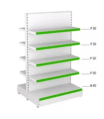 Raft de mijloc pentru magazin alb-verde, înălțime 195cm, 2xBaza 40cm+8xPolite 30cm