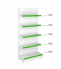 Raft magazin metalic de perete H=225cm, 1xBaza 40cm + 4xPolite 30cm  (alb-verde)