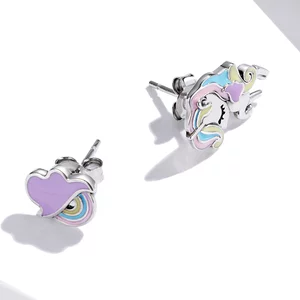 Розов еднорог Сребърни Обеци