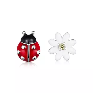 Сребърни обеци Asymmetric Ladybug & Daisy