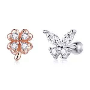 Сребърни обеци Butterfly and Four Leaf Clover Studs