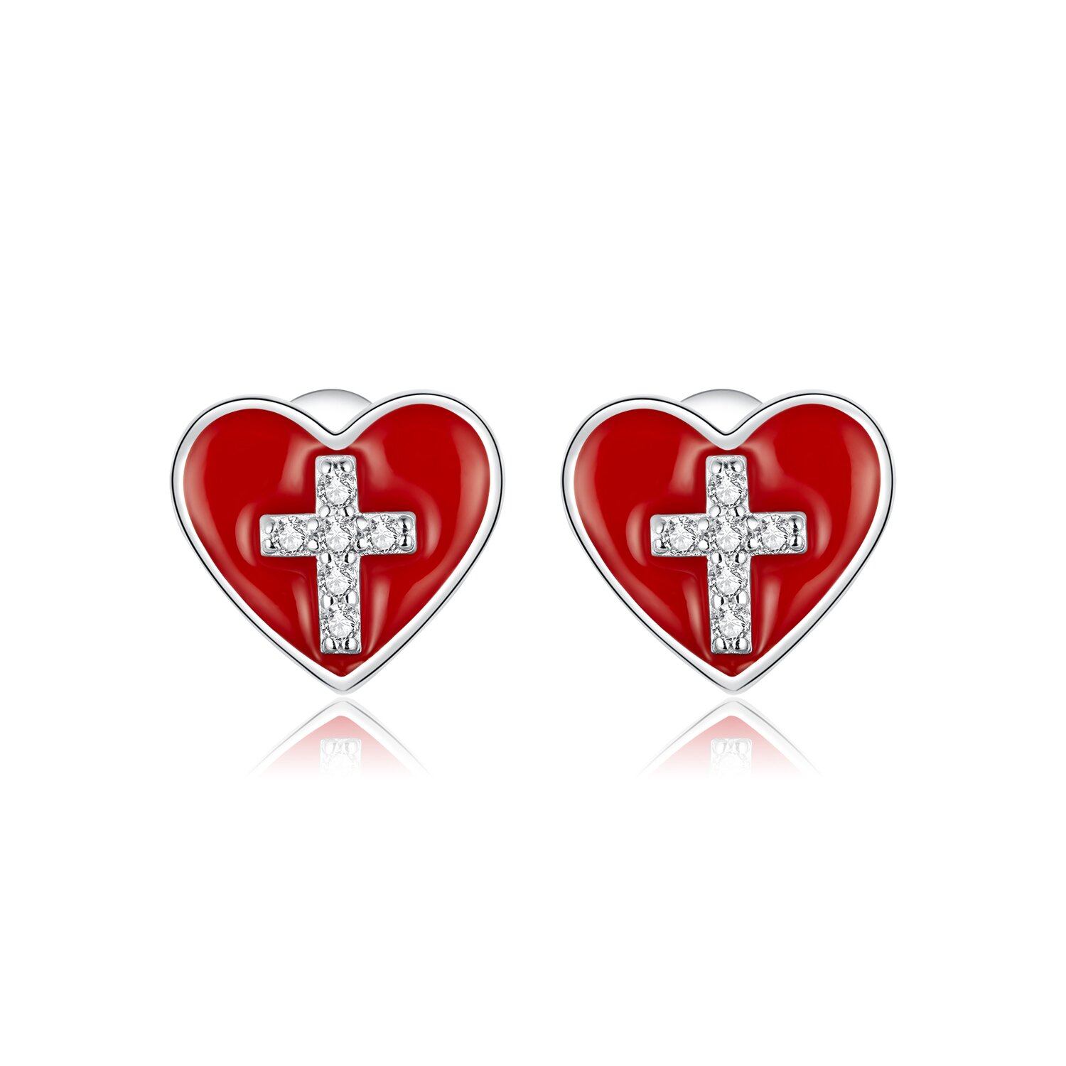 Cercei din argint Cross Red Heart EdenBoutique