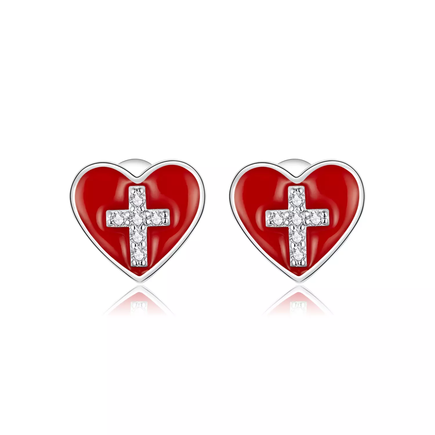 Cercei din argint Cross Red Heart