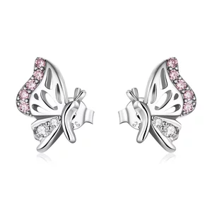 Cercei din argint Pink Crystal Butterflies
