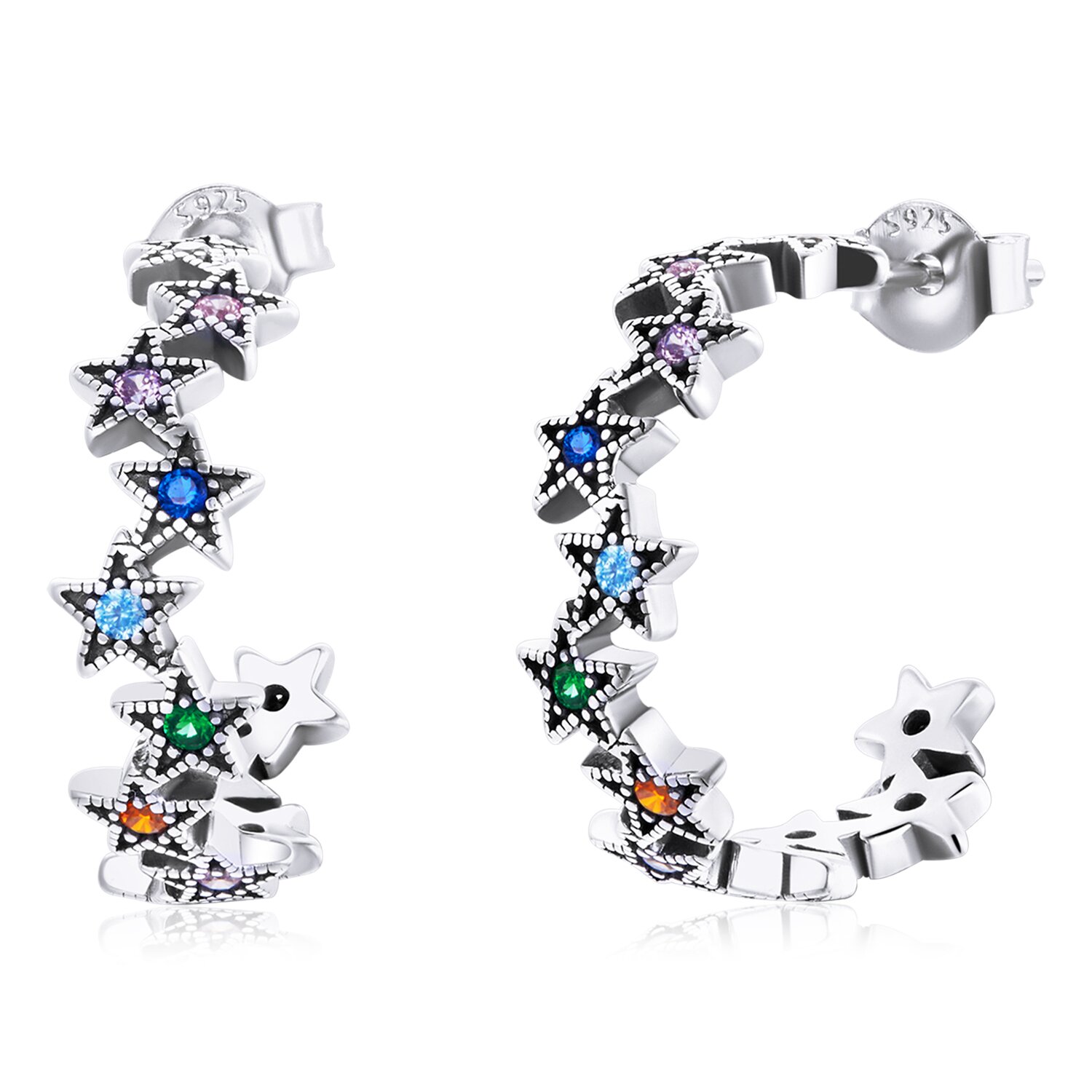 Cercei din argint silver zig zag rainbow stars