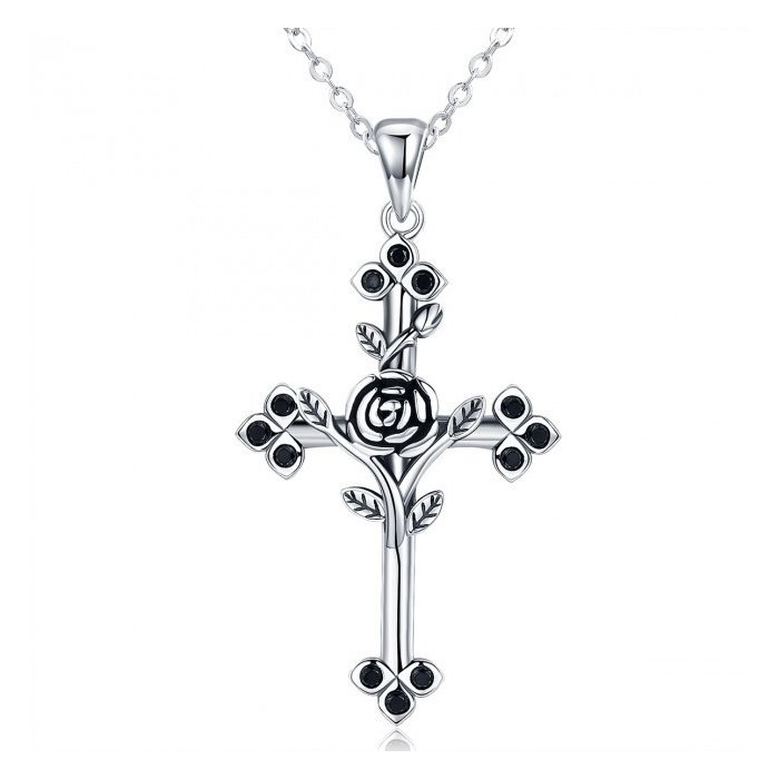 Colier din argint cu Cruce si Cristale Negre EdenBoutique