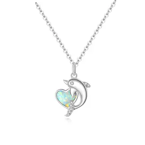 Colier din argint Dolphin Opal Heart