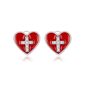 Cercei din argint Cross Red Heart