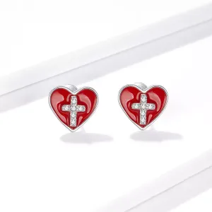 Cercei din argint Cross Red Heart