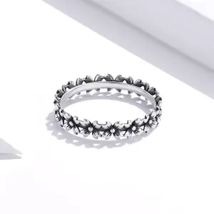 Inel din argint Black Band with Flowers