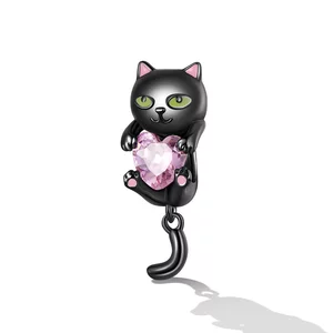 Talisman din argint Pink Hearted  Black Cat