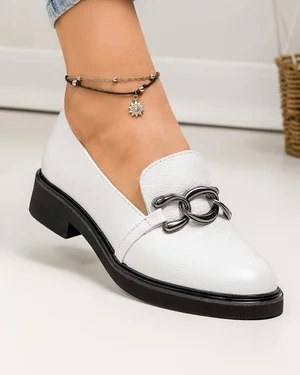 Pantofi casual dama piele naturala alb sidef cu accesoriu lant metalic PC823