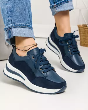 Pantofi casual piele naturala si piele naturala intoarsa bleumarin T-5100
