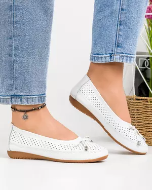 Balerini Albi Piele Naturala Cu Fundita Perforati SLK-354-4