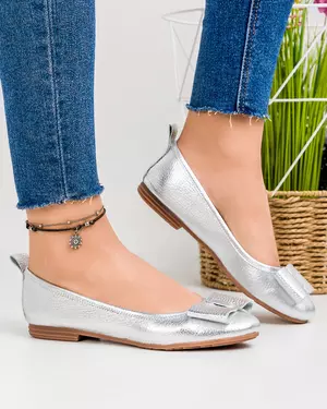 Balerini dama piele naturala argintii cu fundita aplicata BA003