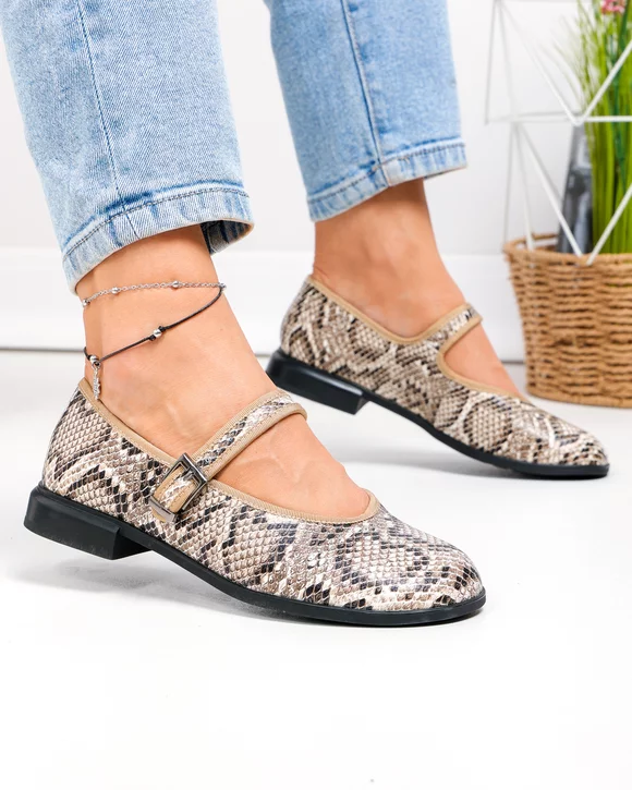 Balerini dama piele naturala cu imprimeu tip sarpe si talpa usor flexibila TN6510