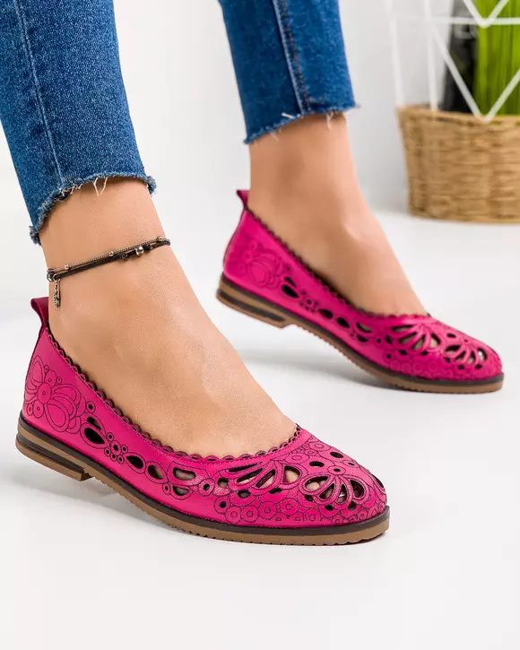 Balerini dama piele naturala fucsia cu model perforat si talpa joasa AK2035
