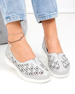Balerini dama piele naturala gri cu model perforat JY3960