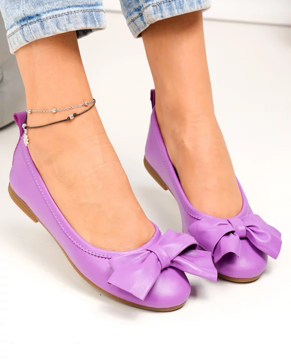 Balerini dama piele naturala mov cu fundita deschisa si talpa flexibila PCB202