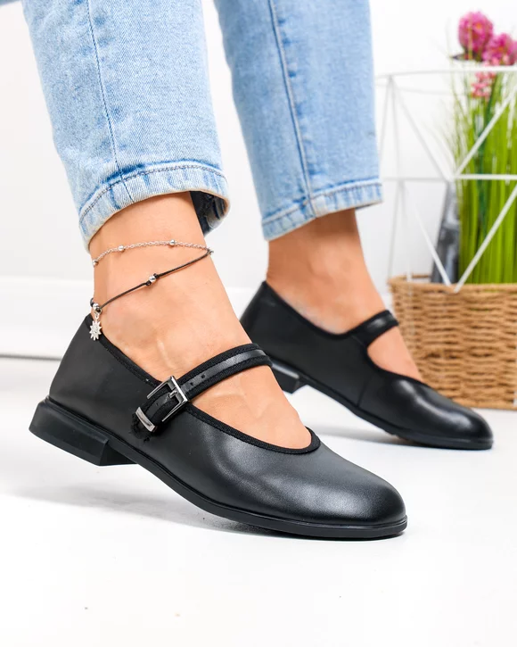 Balerini dama piele naturala negri cu bareta si varf rotund TN6510