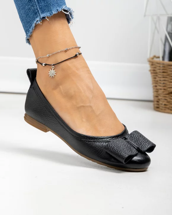 Balerini dama piele naturala negri cu fundita inchisa si talpa flexibila PCB201