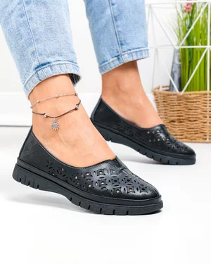 Balerini dama piele naturala negri cu model perforat JY3960